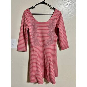 Free People Striped Lace Trimmed Mini Dress Pink Coral Grey 3/4 Sleeve